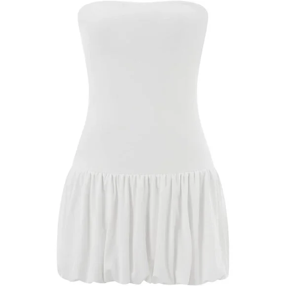 Women Strapless Mini Dress Cotton Blend Off Shoulder Bubble Skirt for Parties - Picture 5 of 7